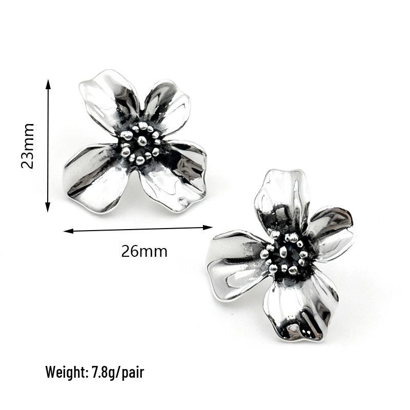 S925 Sterling Silver Four-Leaf Clover Lily Stud Earrings for Women - Simple Fashion Retro Thai Silver Jewelry