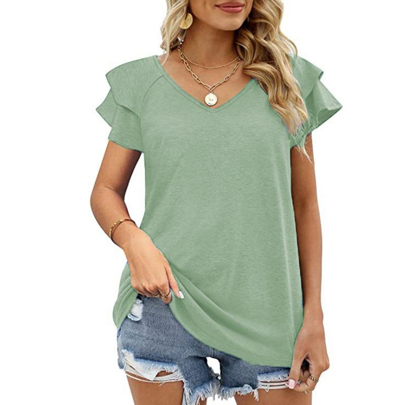 T-shirt da donna estiva tinta unita con scollo a V a doppio strato T-shirt ampia con maniche arricciate