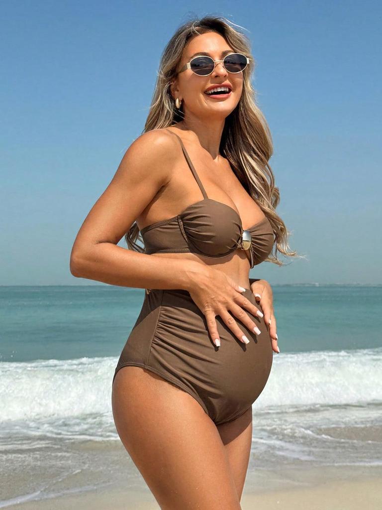 Women's High-Waisted Two-Piece Brown Swimsuit with Adjustable Shoulder Straps