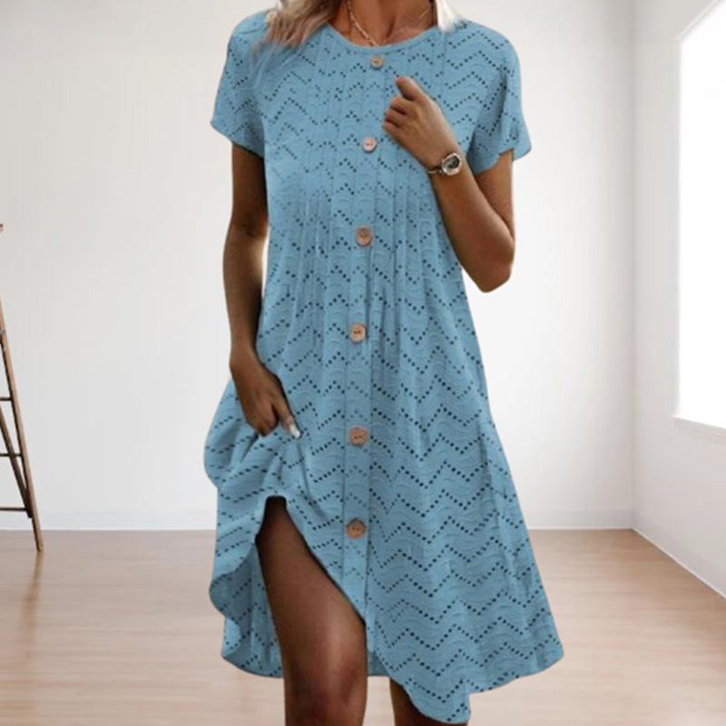 European & American Summer Polka Dot Short Sleeve Round Neck Button Dress