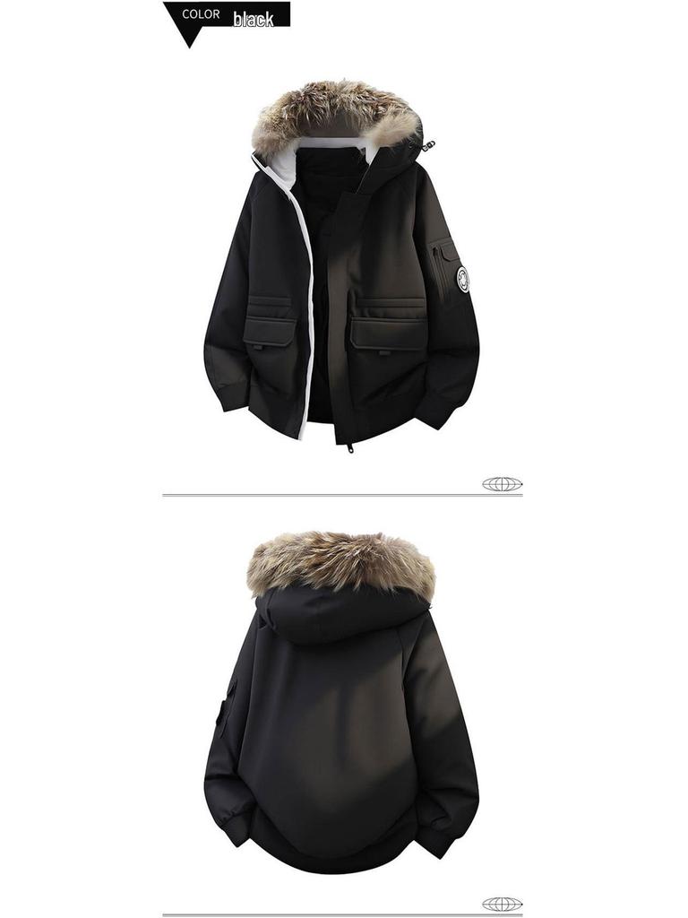 Men's Unisex Windproof Winter Workwear Down Jacket with Warm Hood & Large Fur Collar