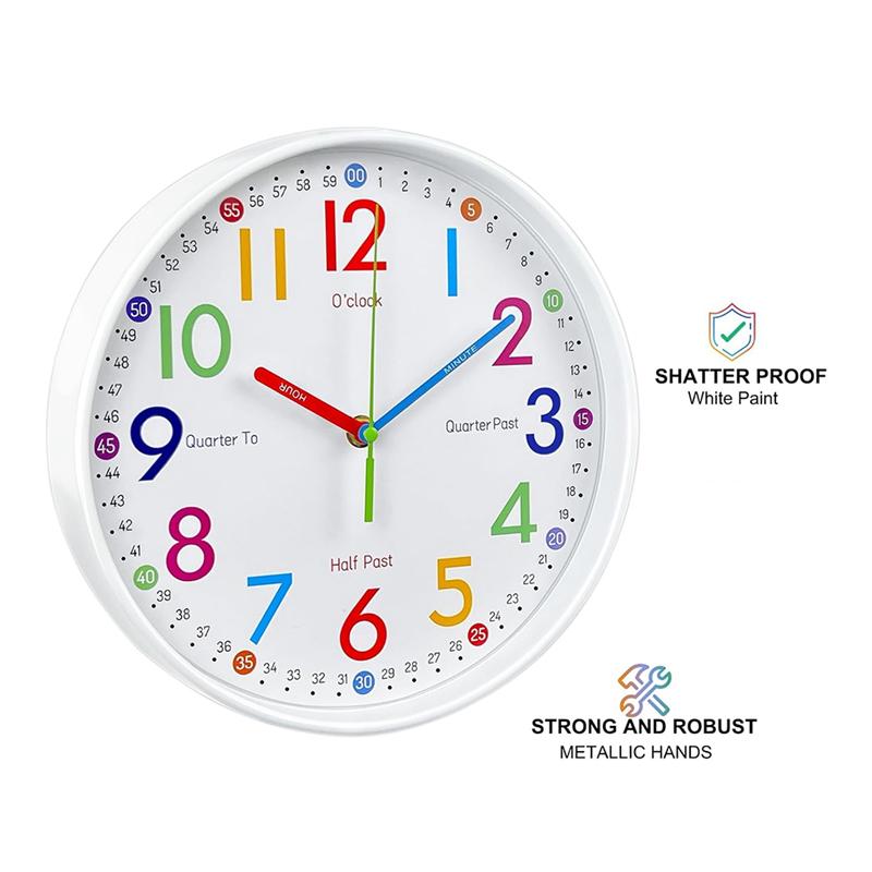 M-Modern-Learning Clock For Kids-Non-Ticking, Battery Operated, Silent Colorful Teaching Tool For Telling Time