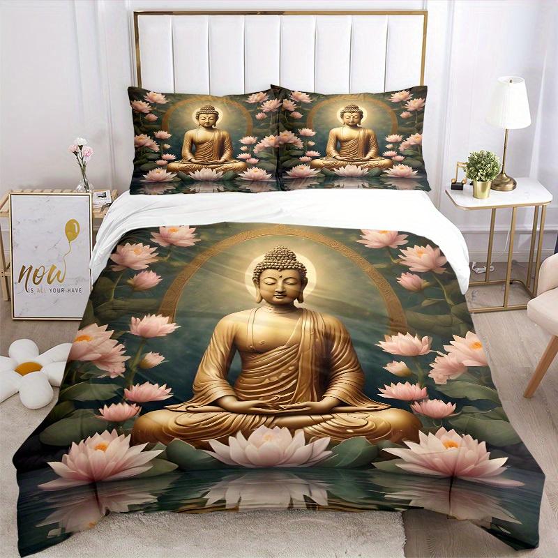3pcs Buddha Lotus Soft Comfortable Bedding set, For Bedroom, Guest Room And Dorm, All Season Use, High-Definition Printing, Machine Washable 175