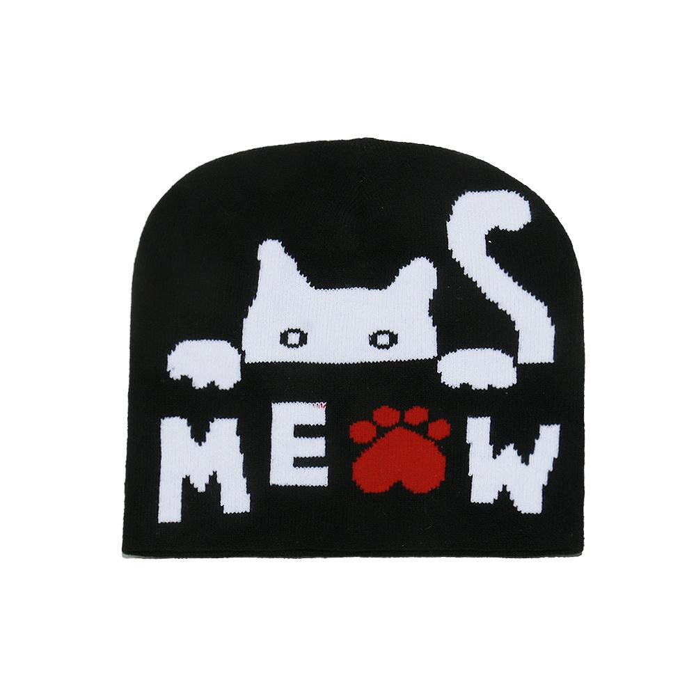 Autumn and winter pullover hat letter cat jacquard knitted hat student cute cold hat winter hat woman