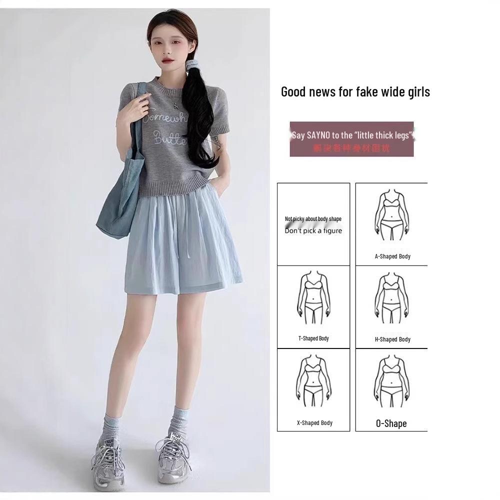 Women's High-Waist Blue Ice Silk Wide-Leg Shorts - Summer 2025 Mid-Length Casual Sportswear