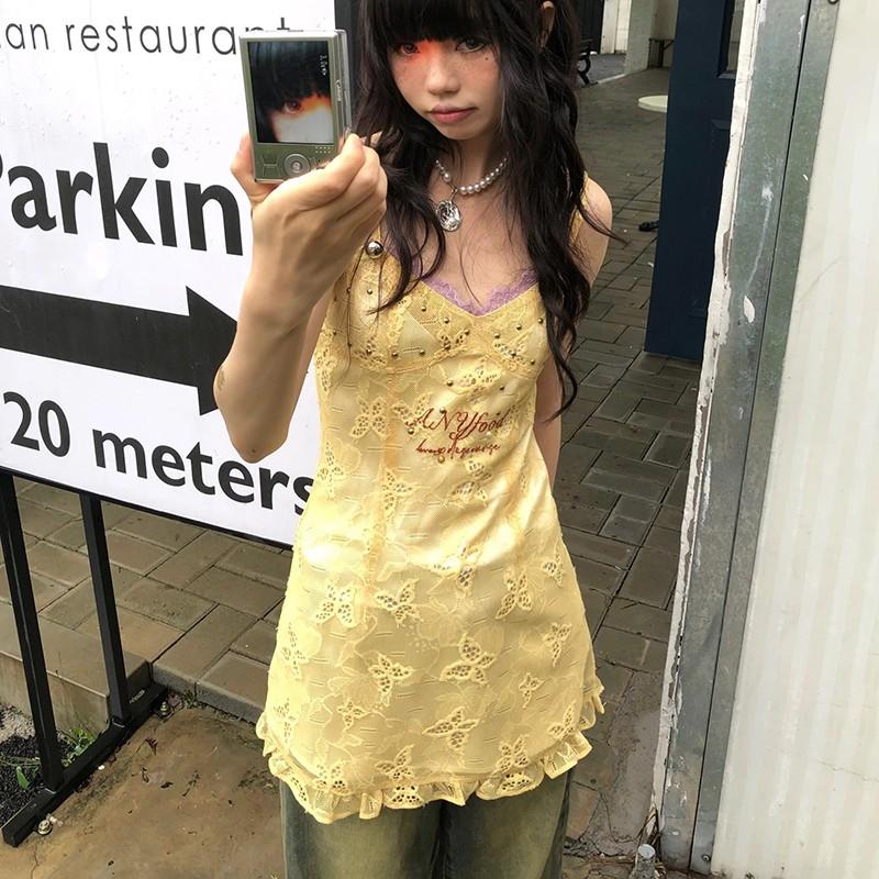 

Y2k Эстетическое кружевное платье Fairycore Мини-платье на тонких бретельках Винтажные японские короткие платья 2000-х годов Вечерние платья в стиле Лолиты S жёлтый