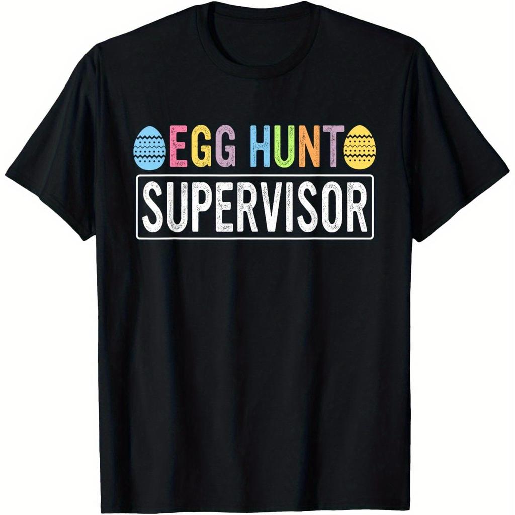 Egg Hunt Supervisor Graphic Tee Funny Easter Cotton TShirt Casual Short Sleeve Top for Men