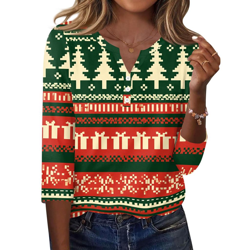 Women's Fashion Casual Christmas Print V-Neck Button Three-Quarter Sleeve T-Shirt Top