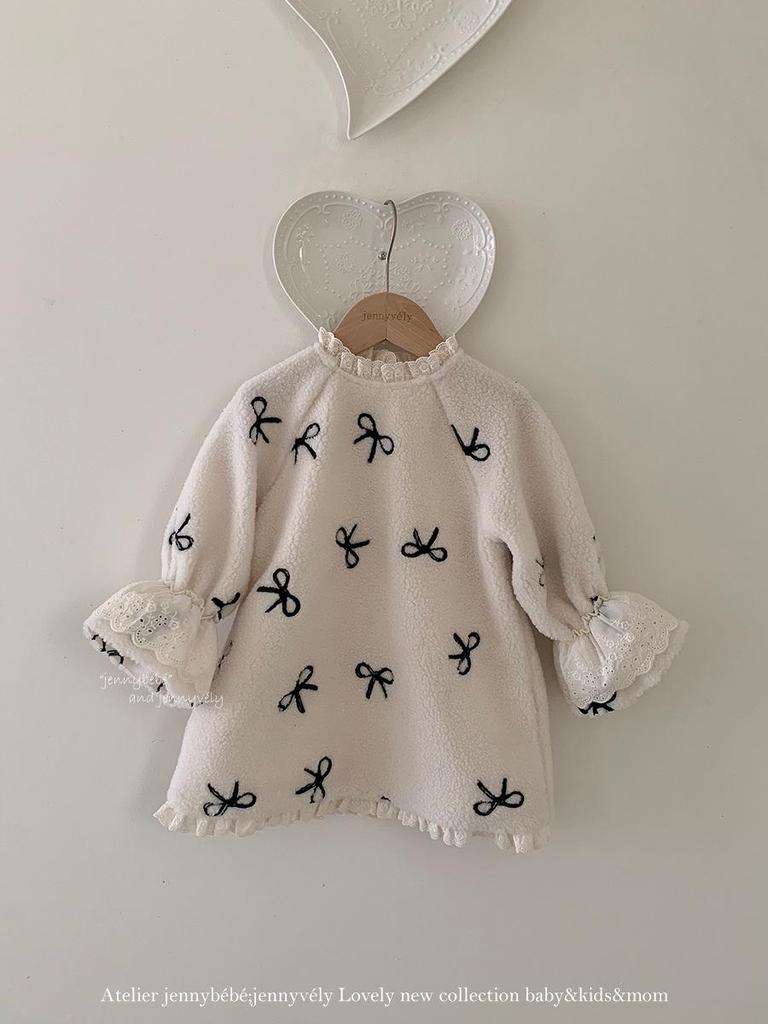 JennyBebe Korean-Style Lamb Wool Winter Dress for Baby Girls with Bow