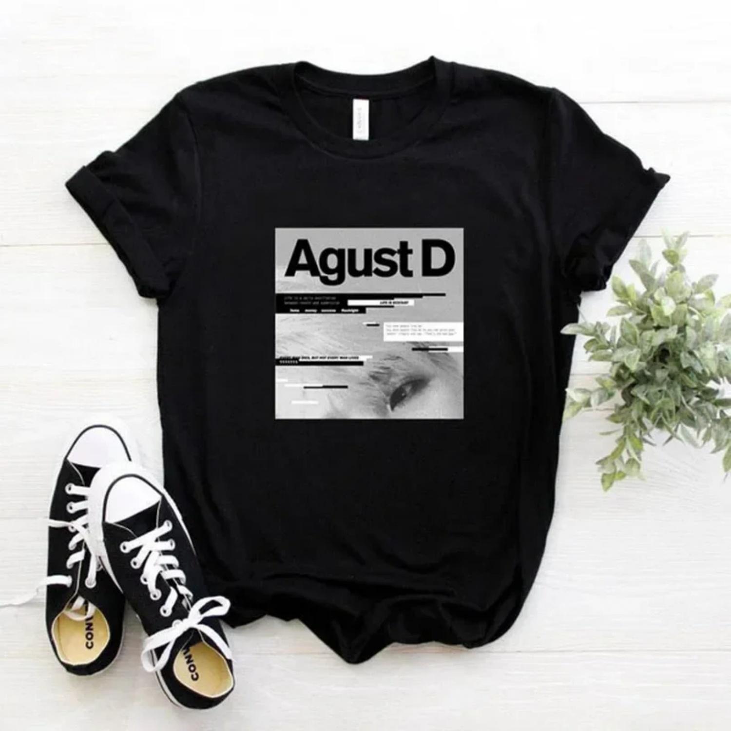 New Korean version of KPOP Agust D printed T-shirt D-2 album Women T-shirt Yoongi shirt Teen clothes Streetwear Crew Neck Tees S чёрный
