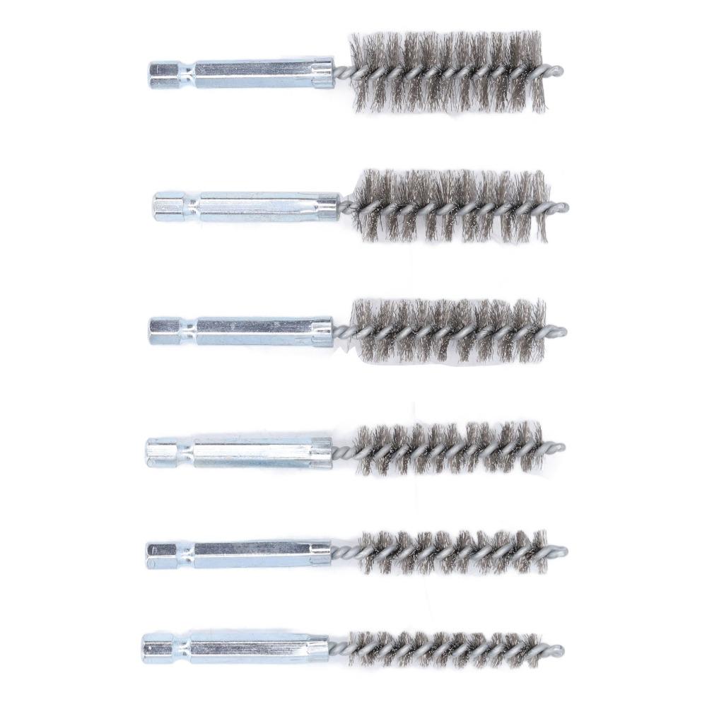 6pcs 1/4 Inch Hex Shank Stainless Steel Bore Brush Set 8/10/12/15/17/19mm Stainless Steel Bristles Wire Brush for Drill