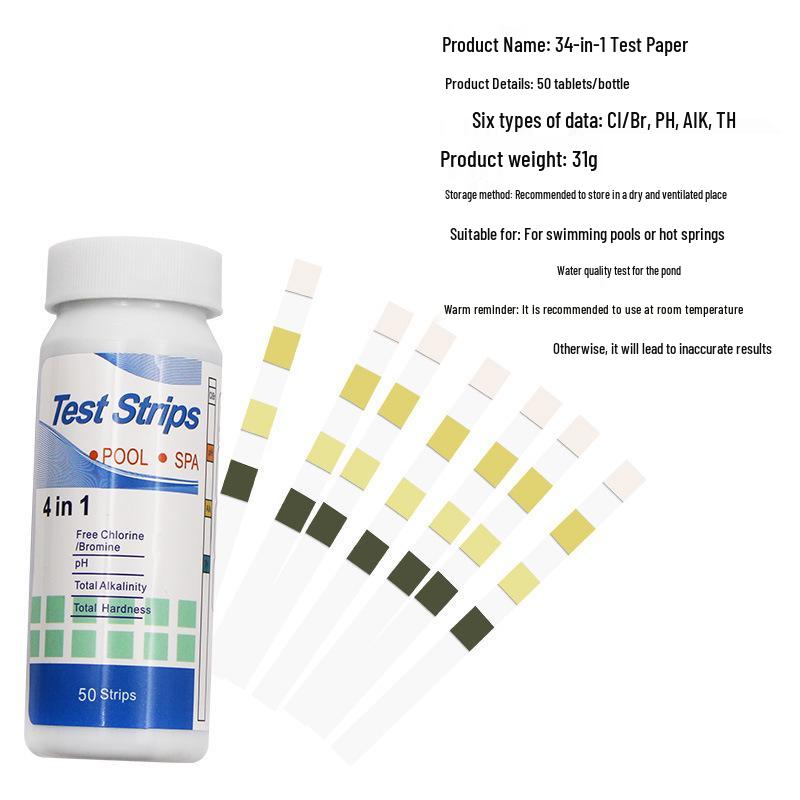 4-in-1 Water Quality Test Strips: pH, Chlorine, and More - 50 Strips per Bottle for Aquarium & Pool Testing.