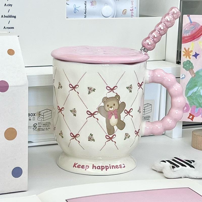 High Looking Cute Little Bear Goblet Cartoon Ceramic Mug with Lid Spoon Girl Coffee Cup Birthday Gift