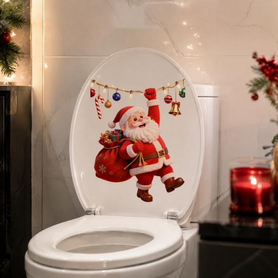 Holiday Bathroom Decoration Cartoon Santa Claus Toilet Seat Sticker, Waterproof PVC Christmas & Colorful Removable Window Decals Lights Decal,