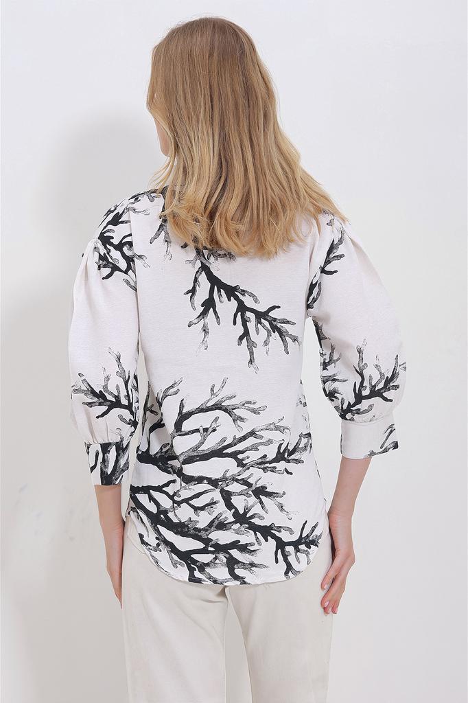 Women's Shirt New Season Fashion Black Branch Pattern Balloon Sleeve Hidden Placket Linen Shirt