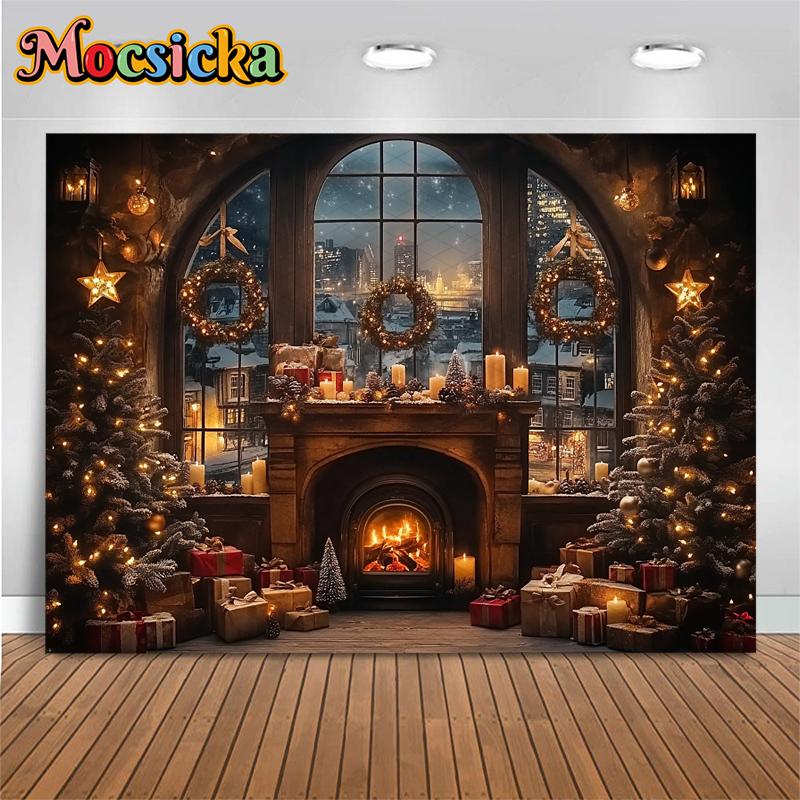 Mocsicka New Year Party Backdrop Christmas Tree Cottage City Window Fireplace Decorations Family Festival Photography Background