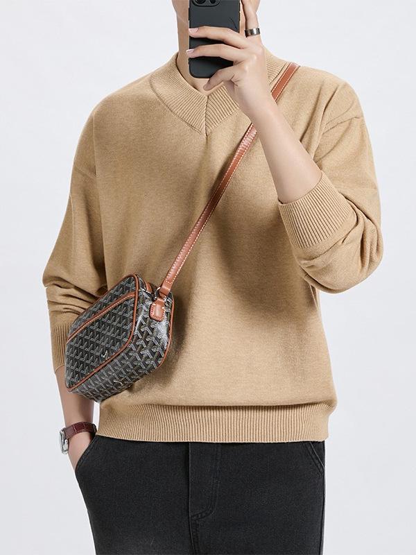 Unisex Solid Color V-Neck Knit Sweater - Trendy Korean Style, Versatile & Casual, Loose Long-Sleeve Top