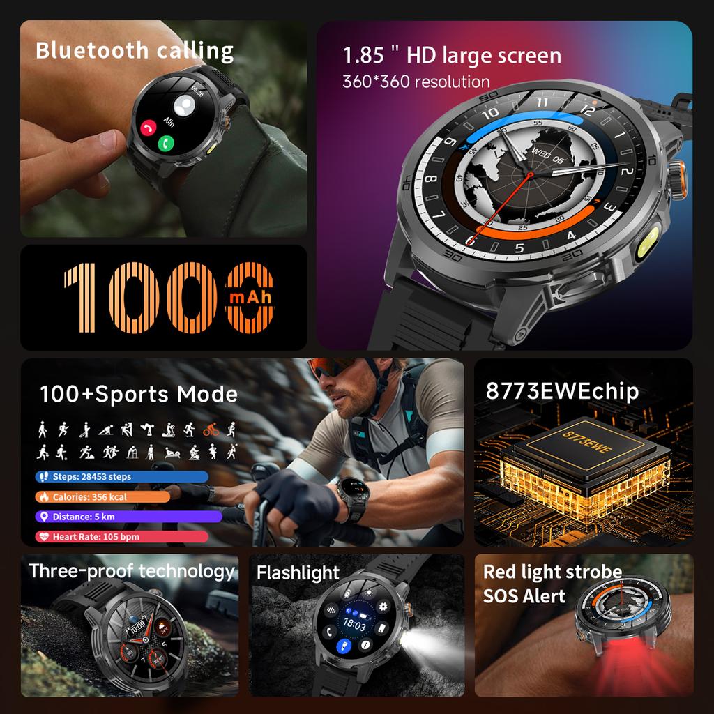 2026 Nou  Aventură în Aer Liber  Baterie Mare de 1000mAh  Ceas Inteligent de 1,85"  Impermeabil 10ATM  Apel Vocal  Sport  Bărbați  GPS  Brățară Fitness
