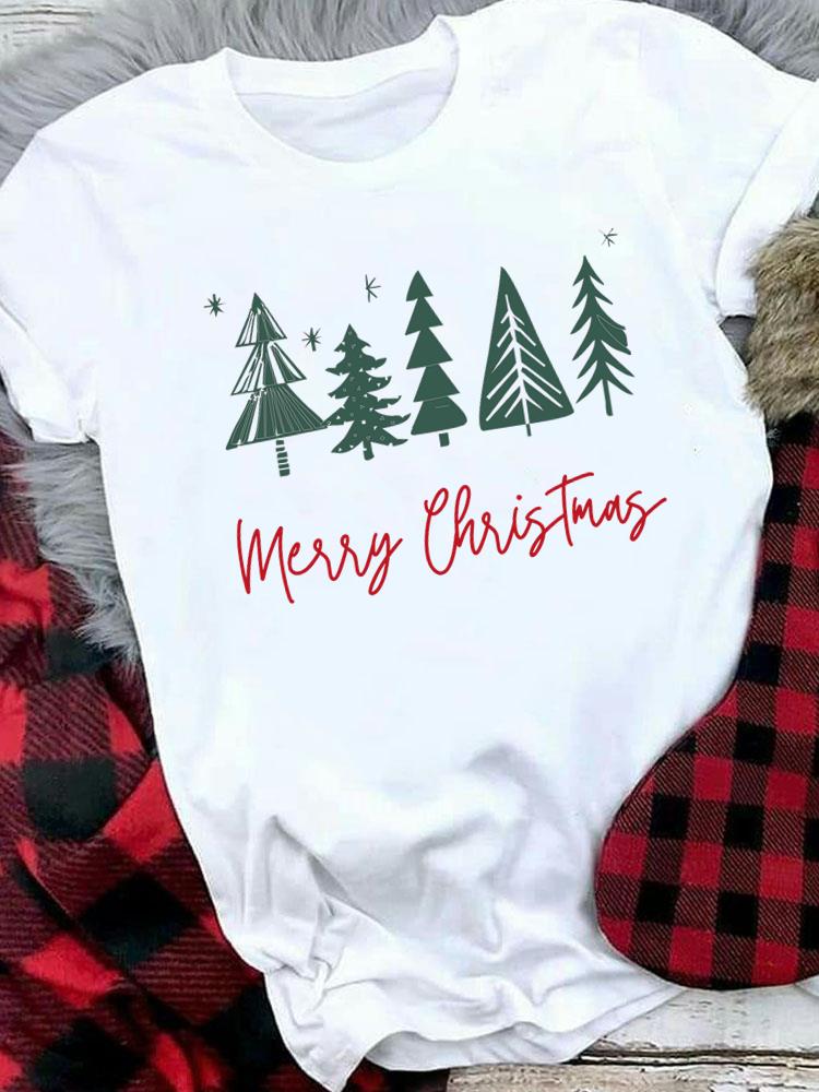(Asian Size) Women Holiday Print Tee Top festival Merry Christmas New Year letter sweet 90s Casual  Lady Short Sleeve Fashion Graphic T-shirts