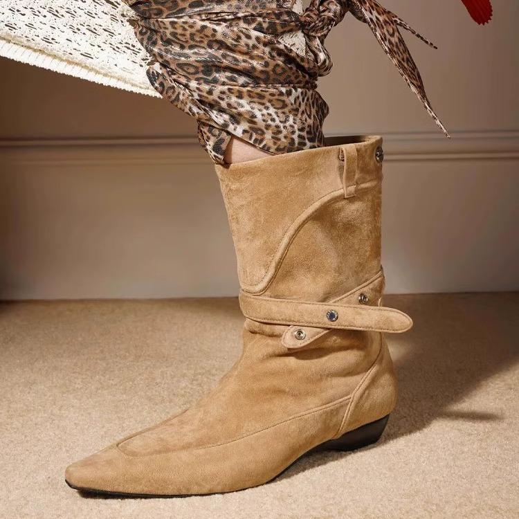 Cowhide version~ 2025 new Korean version leather pointed western cowboy boots women's thick heel buckle short knight boots