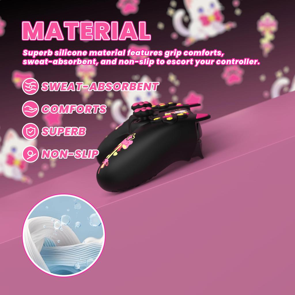 Silikon-Schutzhülle für PlayVital Sweetheart Kitty PS5-Joystickkappe und Aufklebergriff, auch kompatibel mit offizieller Ladestation, Schwarz