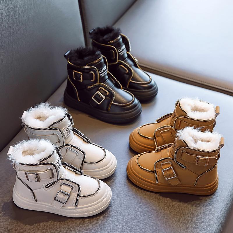 

Детские зимние сапоги для мальчиков, кожаные зимние непромокаемые ботинки с меховой подкладкой, утепленная обувь для девочек, теплая хлопковая обувь