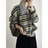 Womens Oversized Knit Polo Sweater With Contrast Stripe Loose Fit Long Sleeve Top