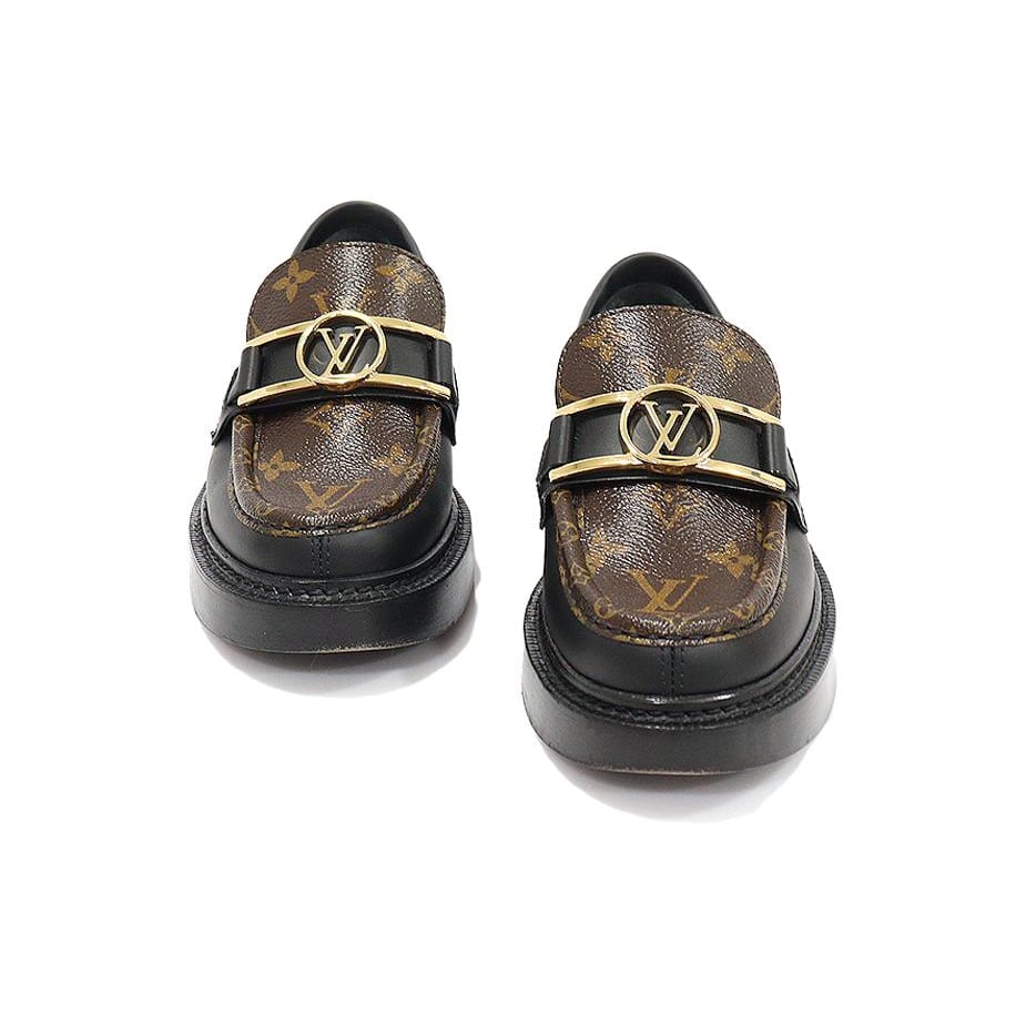Louis Vuitton Academy Loafers 'Black With Brown Monogram And Gold Plate' Women's 1A7TXN