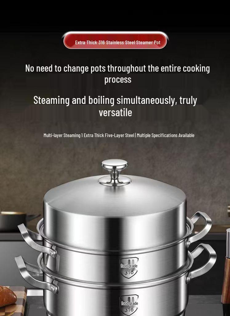 316 Stainless Steel High-Rise Steamer Pot, Extra Thick, Food-Grade, Large Capacity, Versatile 3-4 Layer Soup Pot