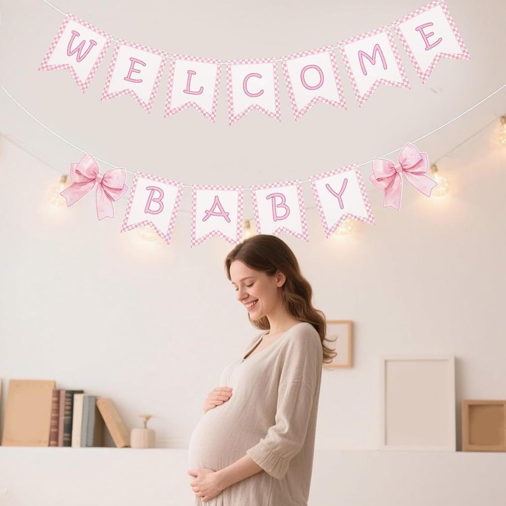 2pcs Welcome Baby Banner, Pre-Strung Pink Bow Welcome Baby Sign Hanging Banner Perfect Decorations and Photo Props for Girls Babies Shower Gender