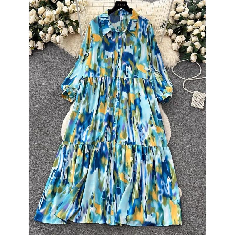 

Платья с принтом Женское повседневное свободное платье-рубашка А-силуэта большого размера Swing One size синий