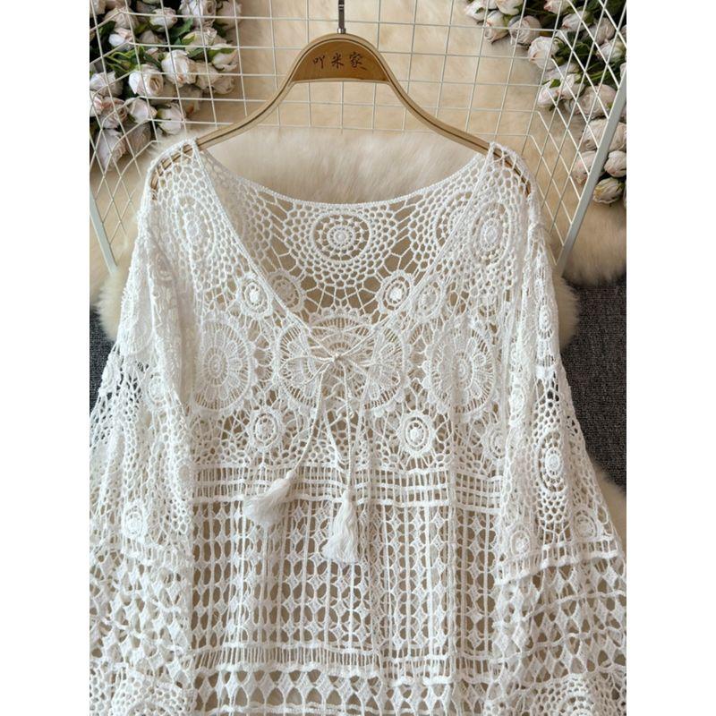 Stylish Cut Out Crocheted Knitting Blouse Dress Women's Summer Plus Size Plus Size Ladies Outdoor Seaside Holiday Midi Dress