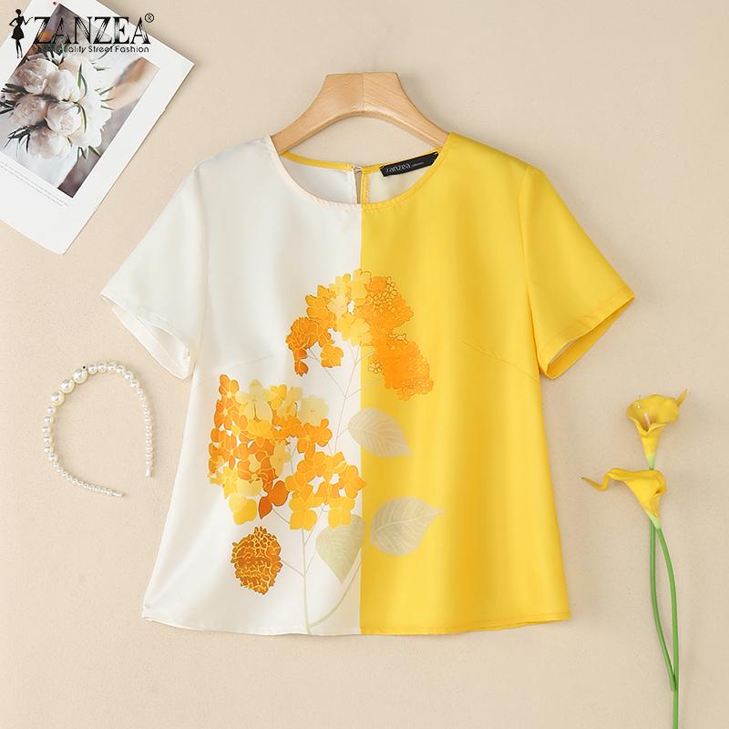 ZANZEA Women Casual Round Neck Short Sleeve Summer Floral Blouse