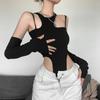 Long-sleeved T-shirt Women's Ins Onesie Trendy Fried Street Versatile Slim Fit European and American Design Hollow Waist Spring and Autumn Feeling Irr