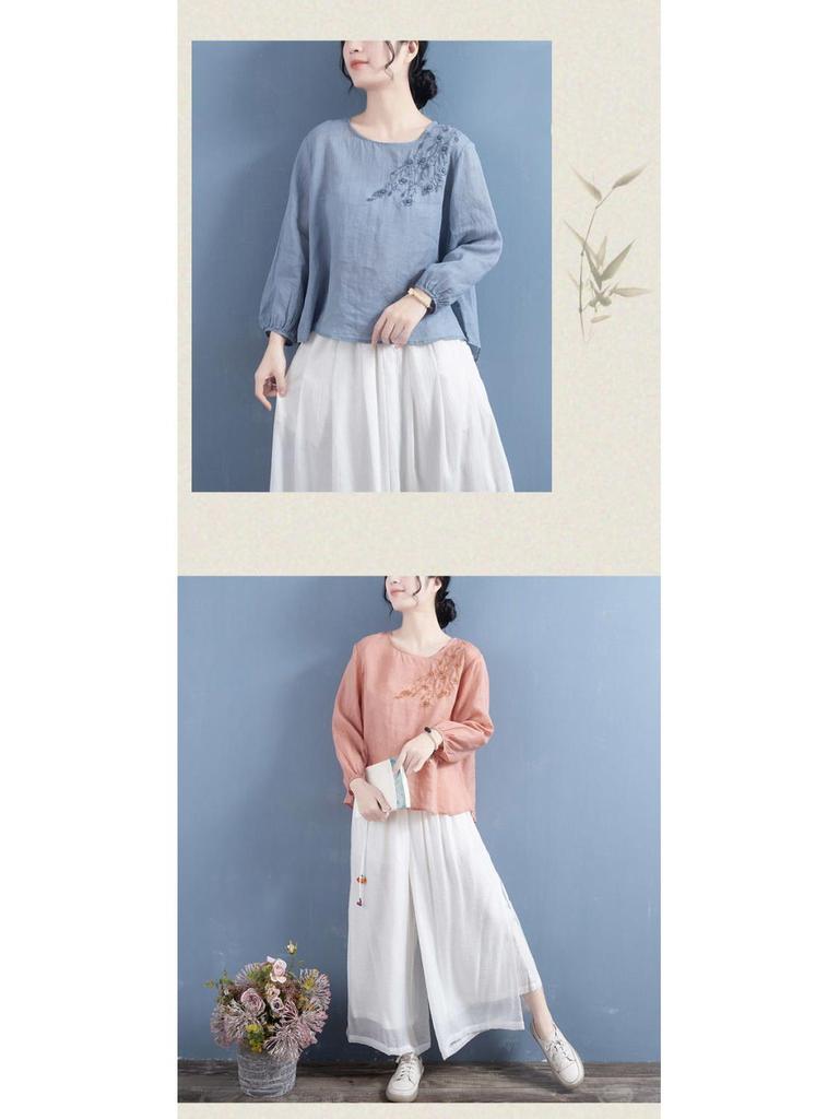 Dam 2024 Bomull-Linne Broderad Långärmad Retro Skjorta i Kinesisk Stil för Våren