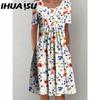 IHUASU 30 Color Pleated Midi Dress Short Sleeve Round Neck Loose Hem Mid-Calf Length Women Floral A-Line Party Dress Casual Wear