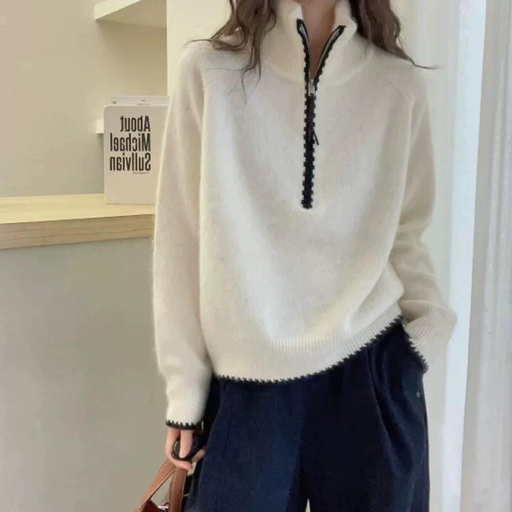 Lazy Style Contrasting Lace Half-Zip Stand Collar Knit Sweater: Versatile, Loose-Fit Autumn/Winter Pullover.
