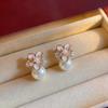 18k Gold Plated Silver Stud Earrings with Pearl and Zirconia Flower Design
