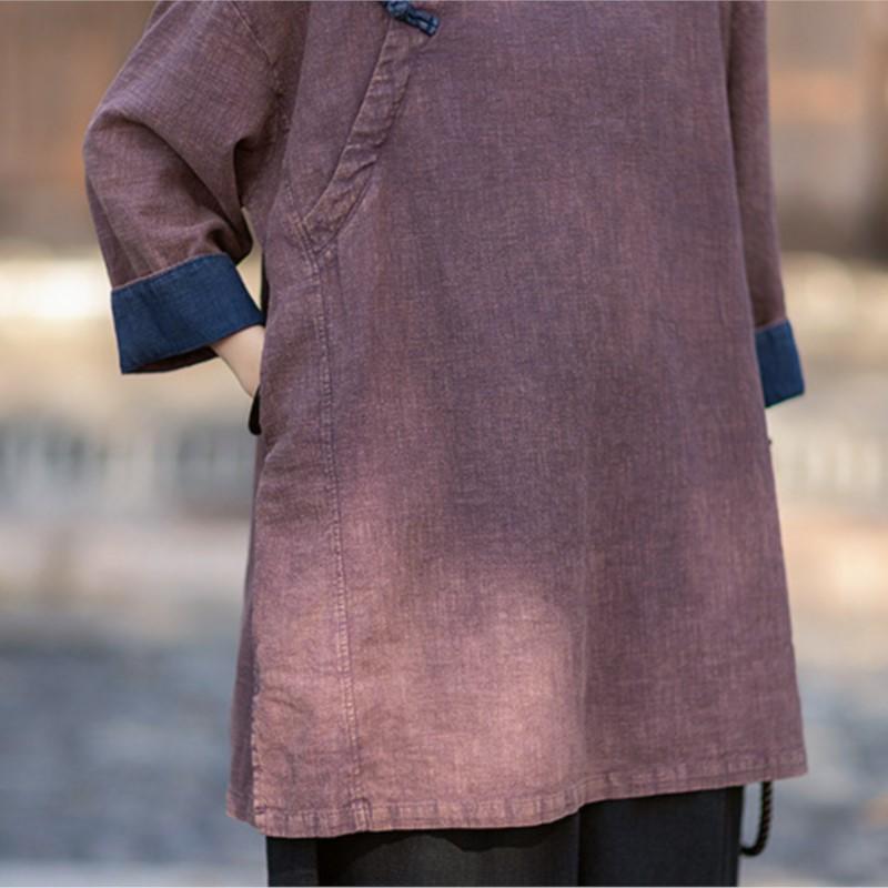 Johnature Women Vintage Shirts Tops Button Spring Chinese Style Solid Color Stand Long Sleeve Blouses