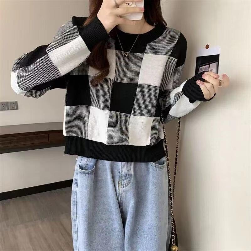 Autumn Winter Vintage Knitwear Crop Tops Women Pullover Sweaters Fashion Female Long Sleeve Elastic Casual Plaid Knitted Shirts