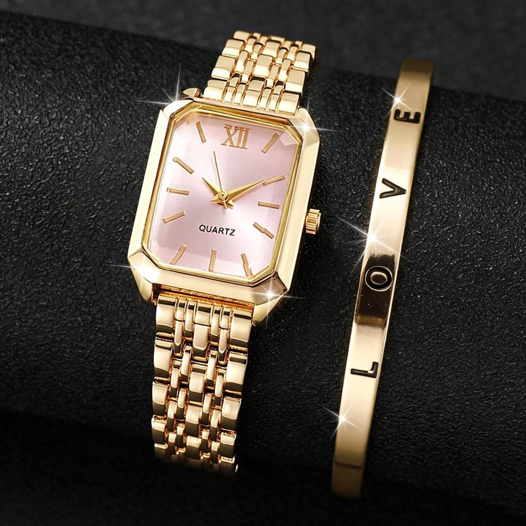 Women's Quartz Wristwatches Rectangle Ladies Fashion Golden Clock Top Luxury Gifts Bracelet Watches for Wife, Family, Friend