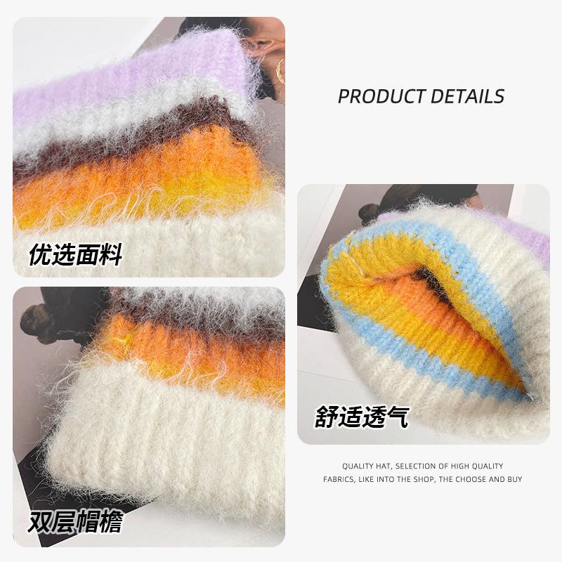 Retro contrasting color cat ears knitted hat female autumn and winter cartoon cute thickened warm ear protector wool cold hat