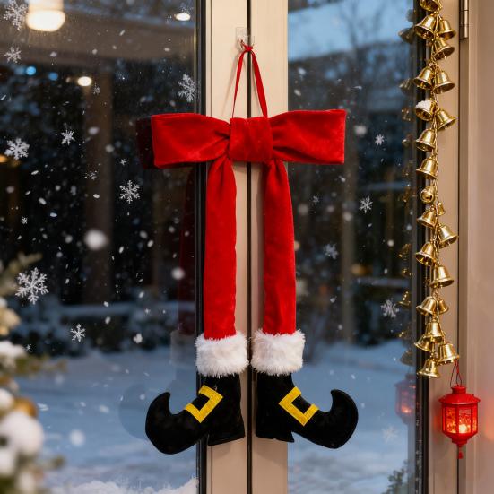 Ornament Picior Elf de Crăciun 14 Inch Roșu Pluș Picior Elf Ornament Agățat cu Fundă de Catifea pentru Coroană Pom de Crăciun Ușă Perete Decor de Sărbători