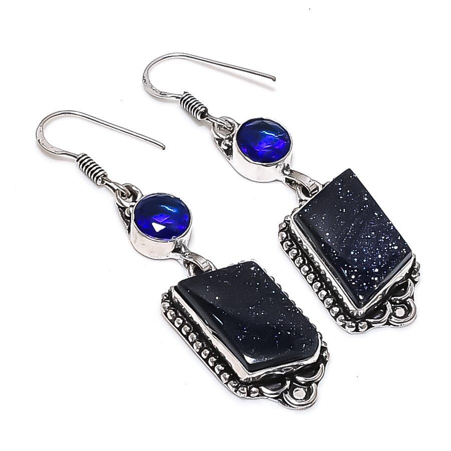 Natural Purple Sunstone, Topaz 925 Sterling Silver Jewelry Earring 2.36" O0I88