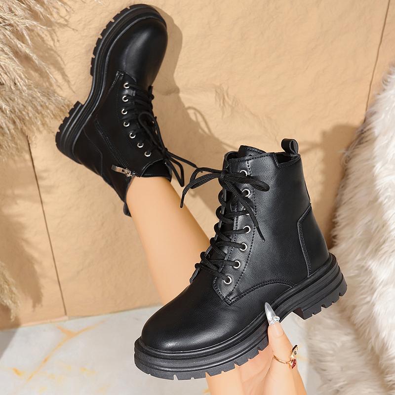 Fashion Fashion Lace Up Black Ankle Boots for Women Autumn Winter Zip Platform Combat Boots Woman Classic Pu Leather Short Booties Mujer
