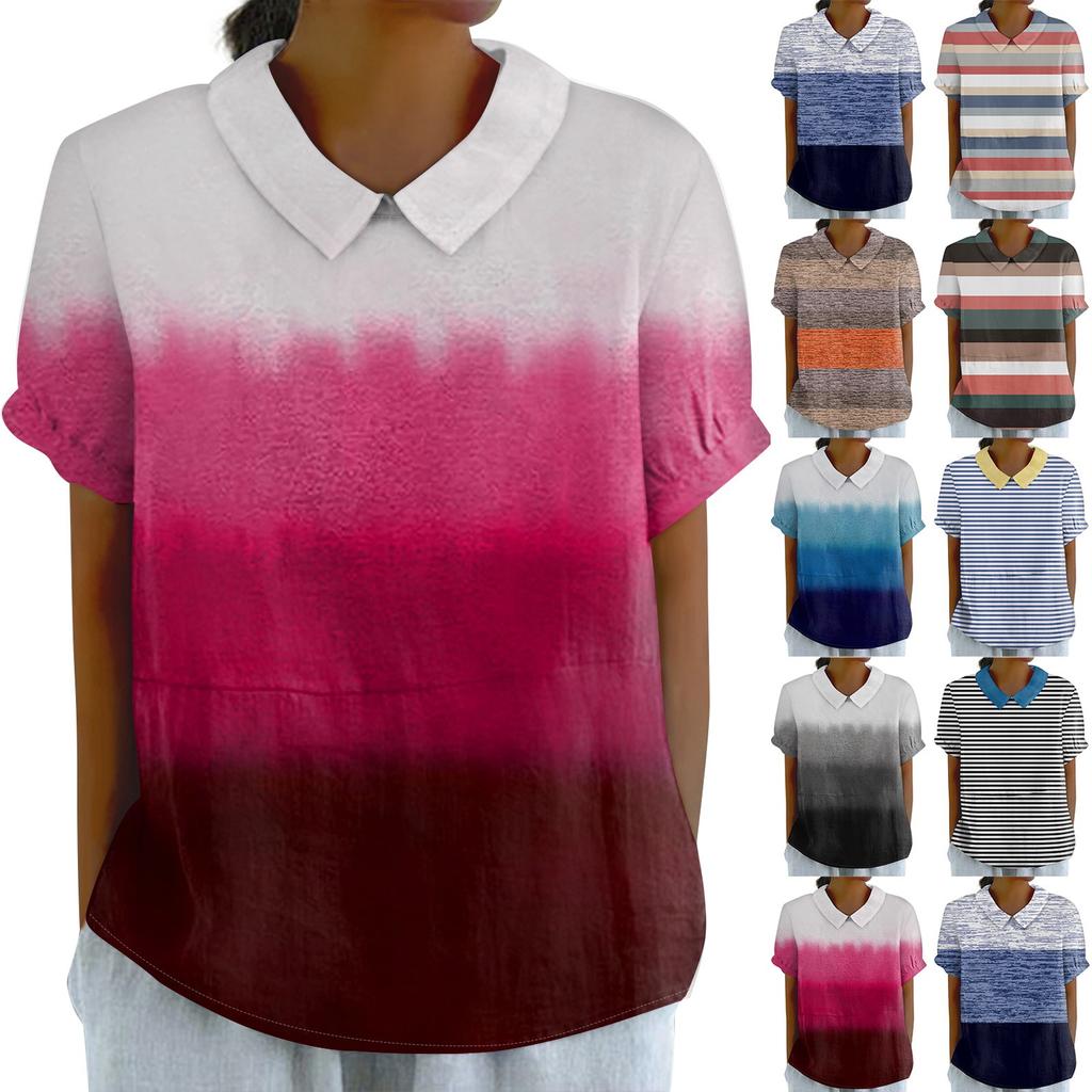 Women's Short Sleeved Casual Round Neck Pullover T-shirt Basic Printed Shirt Lapel Top