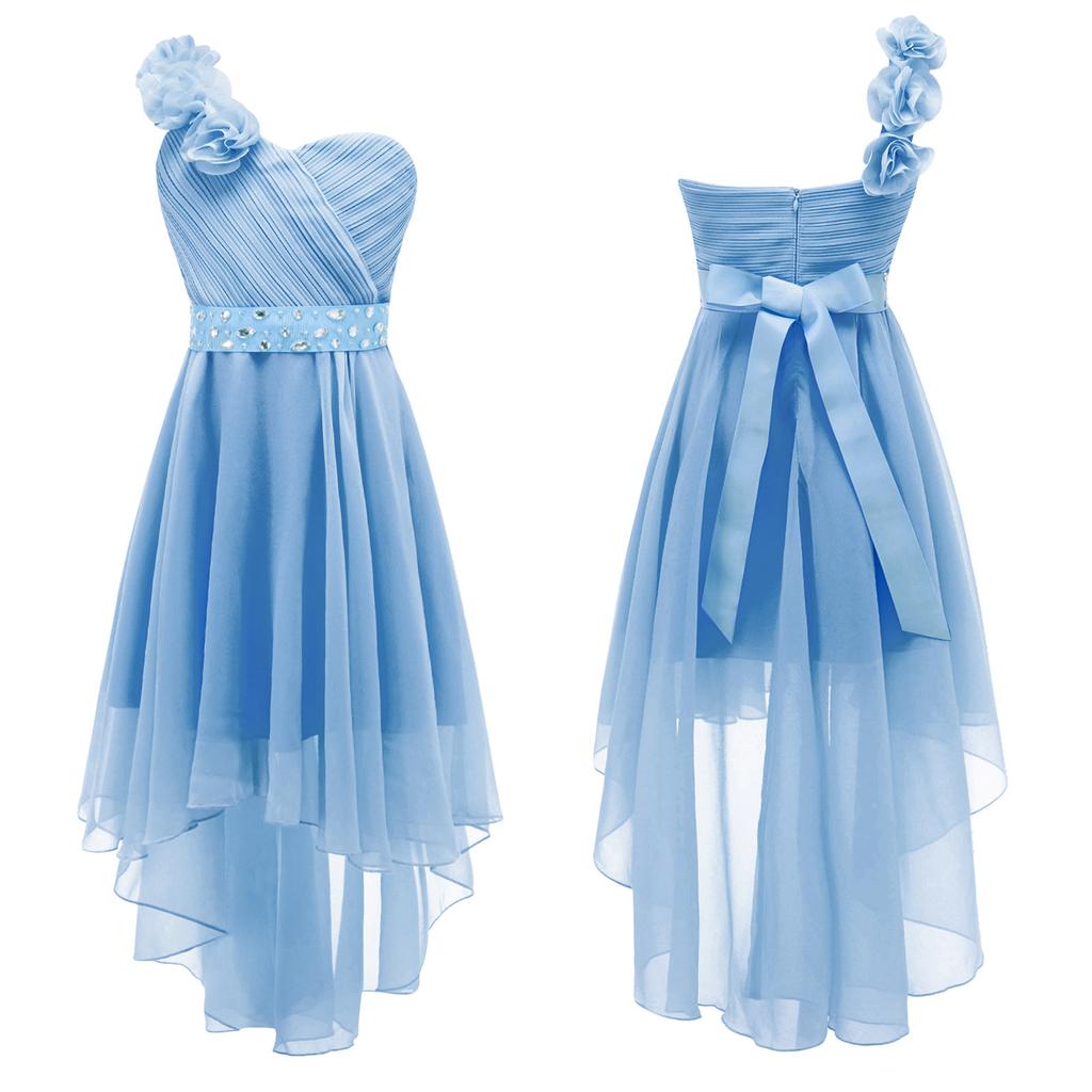 Mädchen Kleid mit Blumenmuster, Chiffon, für Hochzeit, Brautjungfer, asymmetrischer Saum, Festzug, Abschlussball, Ballkleid