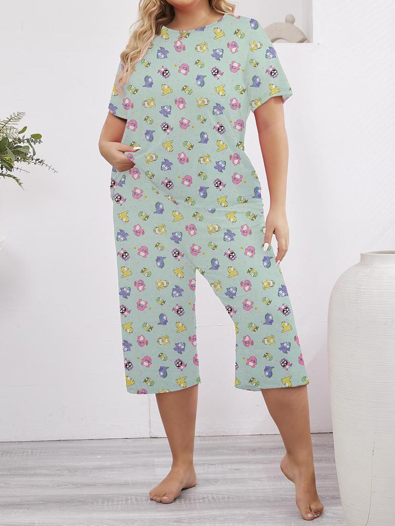 Women's Large-Size Loose Round Neck Short Sleeve Pajama Set with Cropped Pants