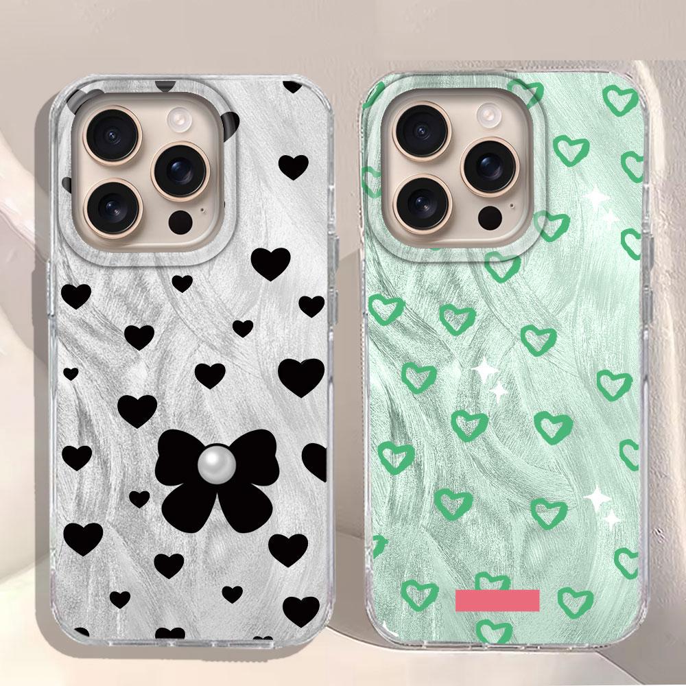 Green Love Heart Bow Feather Texture Phone Case for iphone 16 15 14 7 8 Plus 13 Pro Max X XS XR SE 2022 Silicone Shell TPU Cover