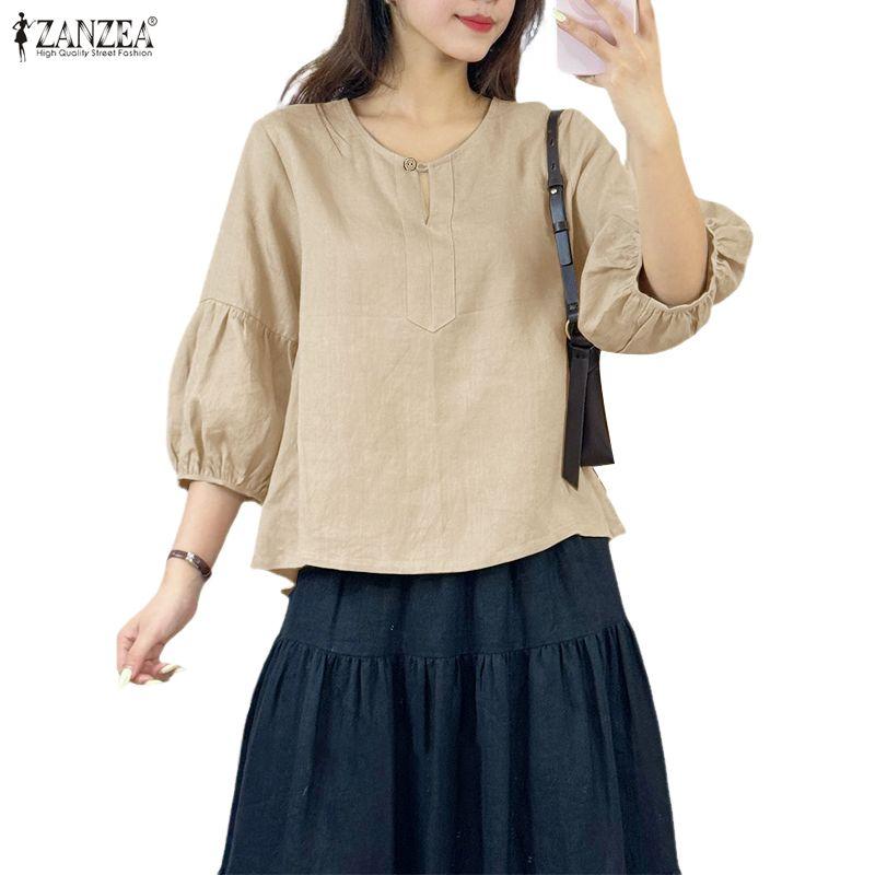 ZANZEA Women Casual Round Neck Solid Color 3/4 Sleeve Blouse